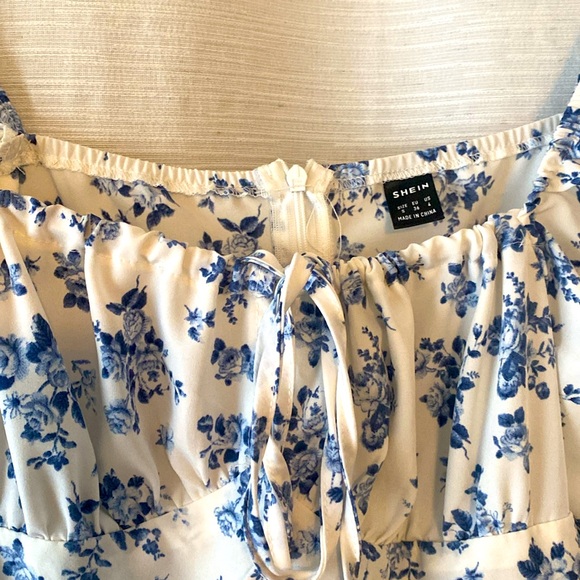 Shein Milkmaid Dress Blue White Floral French Drawstring Cottagecore Small - Picture 5 of 6